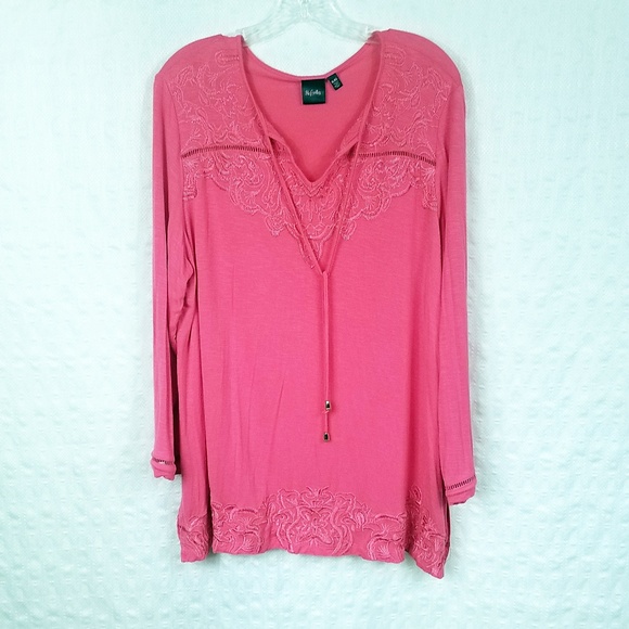 Rafaella Women's BoHo Style Embroidered Tie Neck Long Sleeve XL Blouse Shirt Top - Picture 1 of 8